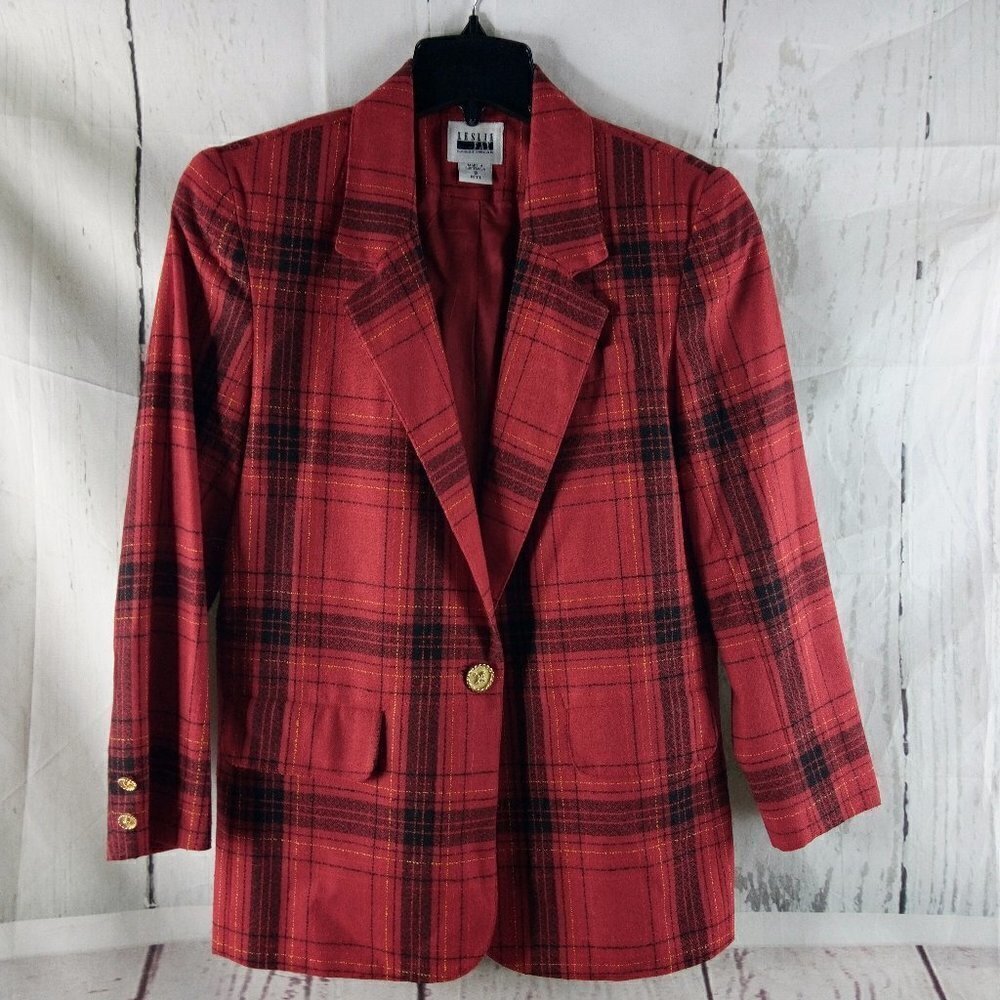 Leslie Fay Sportswear Womens Size 8P Red Plaid 1 Button Suit Blazer Sport Coat